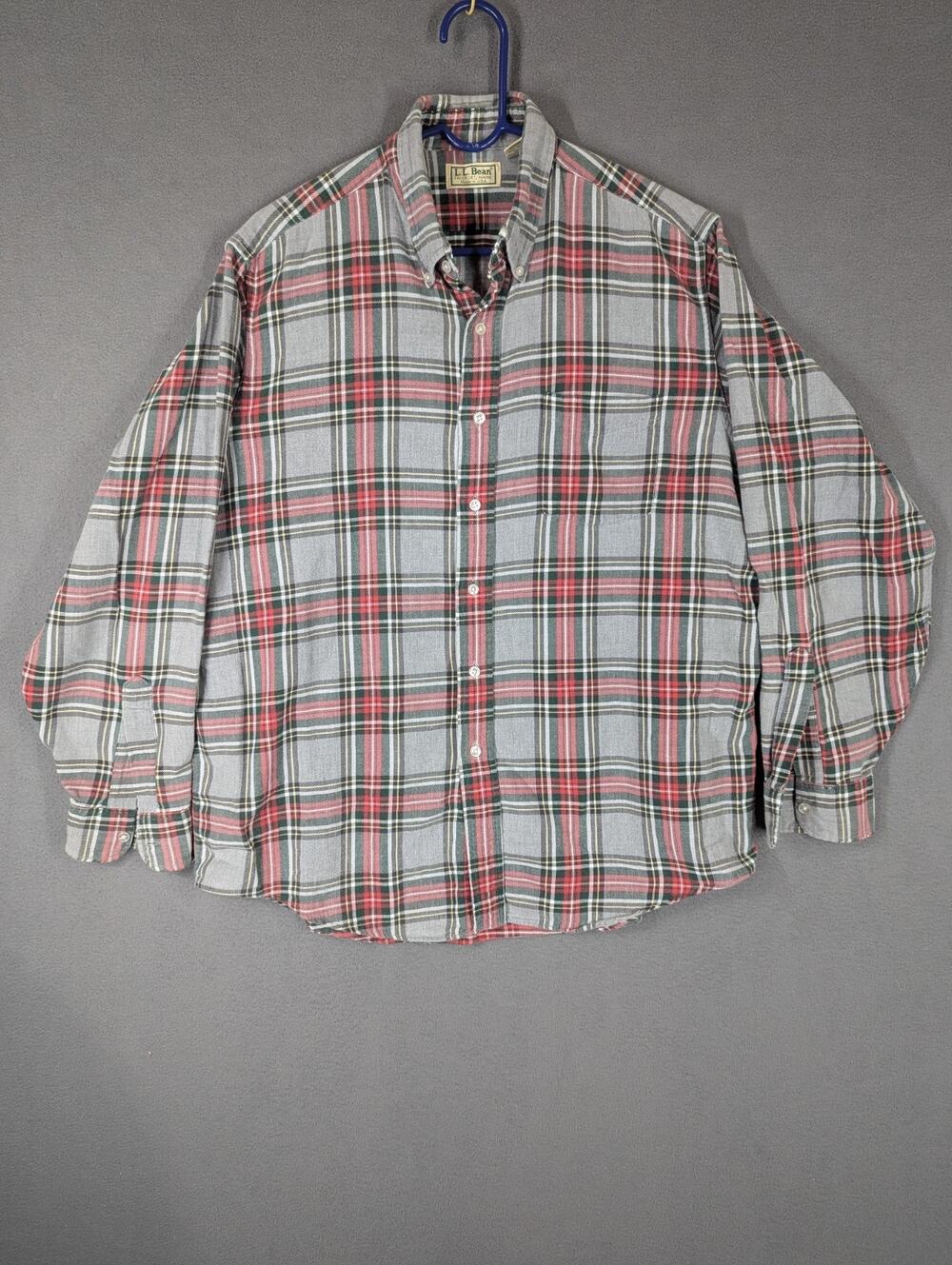 VTG LL Bean Freeport Maine Plaid Flannel Shirt Button Down Large USA Gray